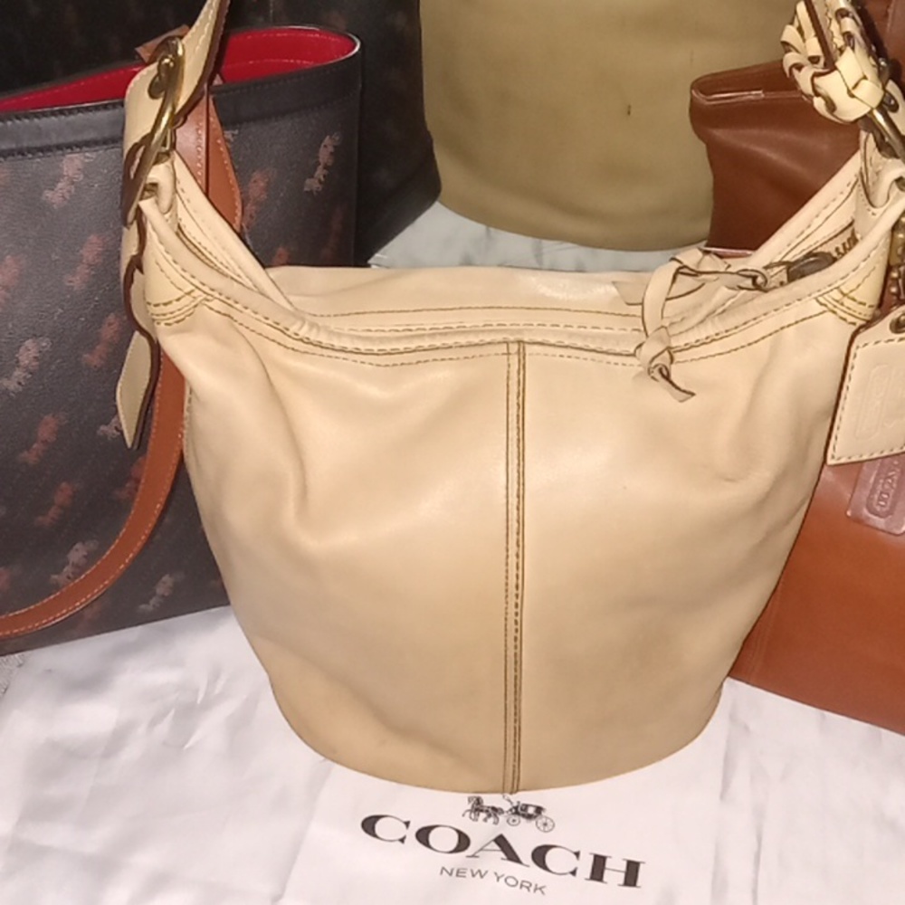 COACH Tattersall Tan Bucket Bag.
